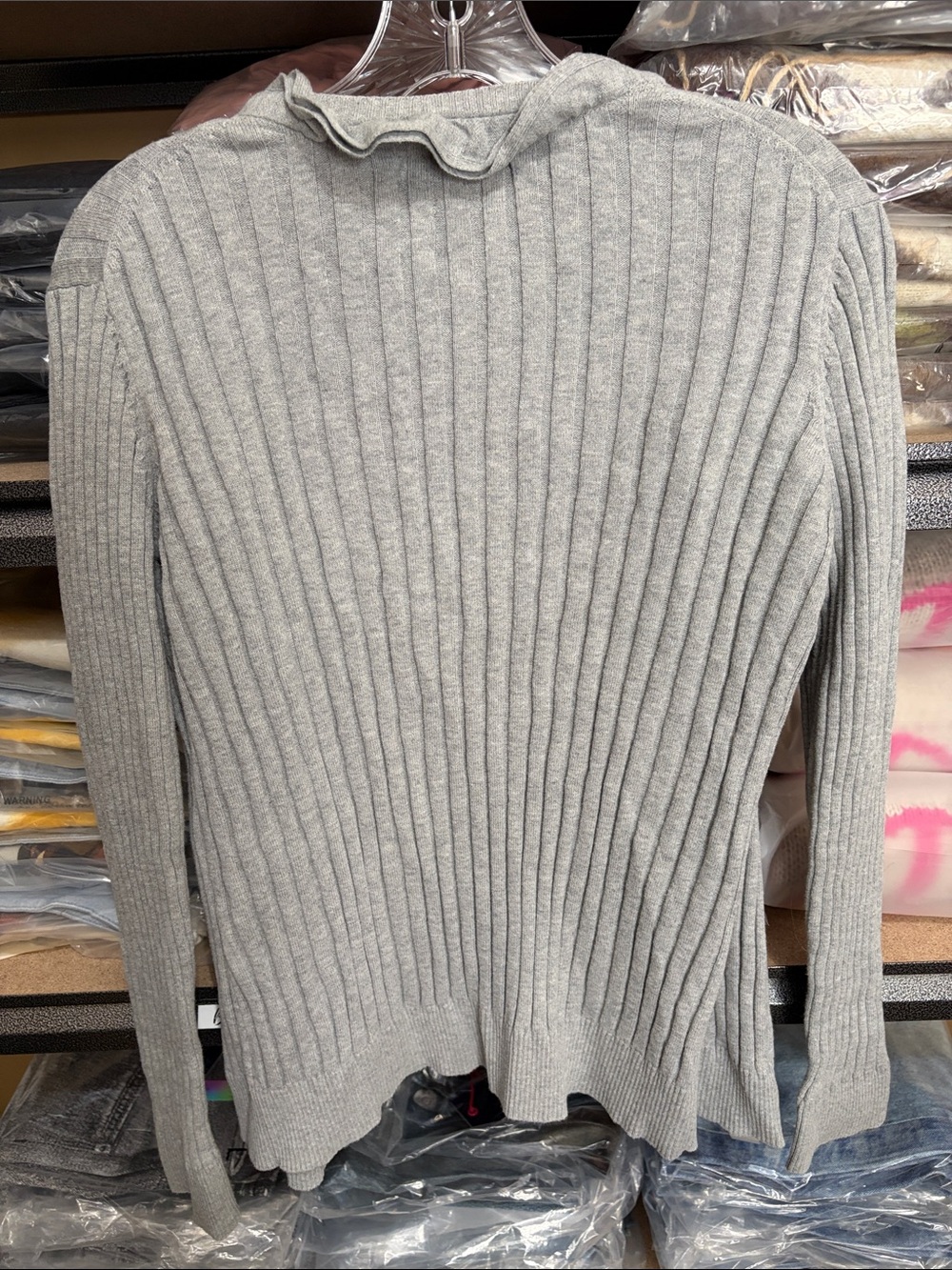 Van Heusen Light Gray Ribbed Ruffle-Trim Open Cardigan - Picture 5 of 5
